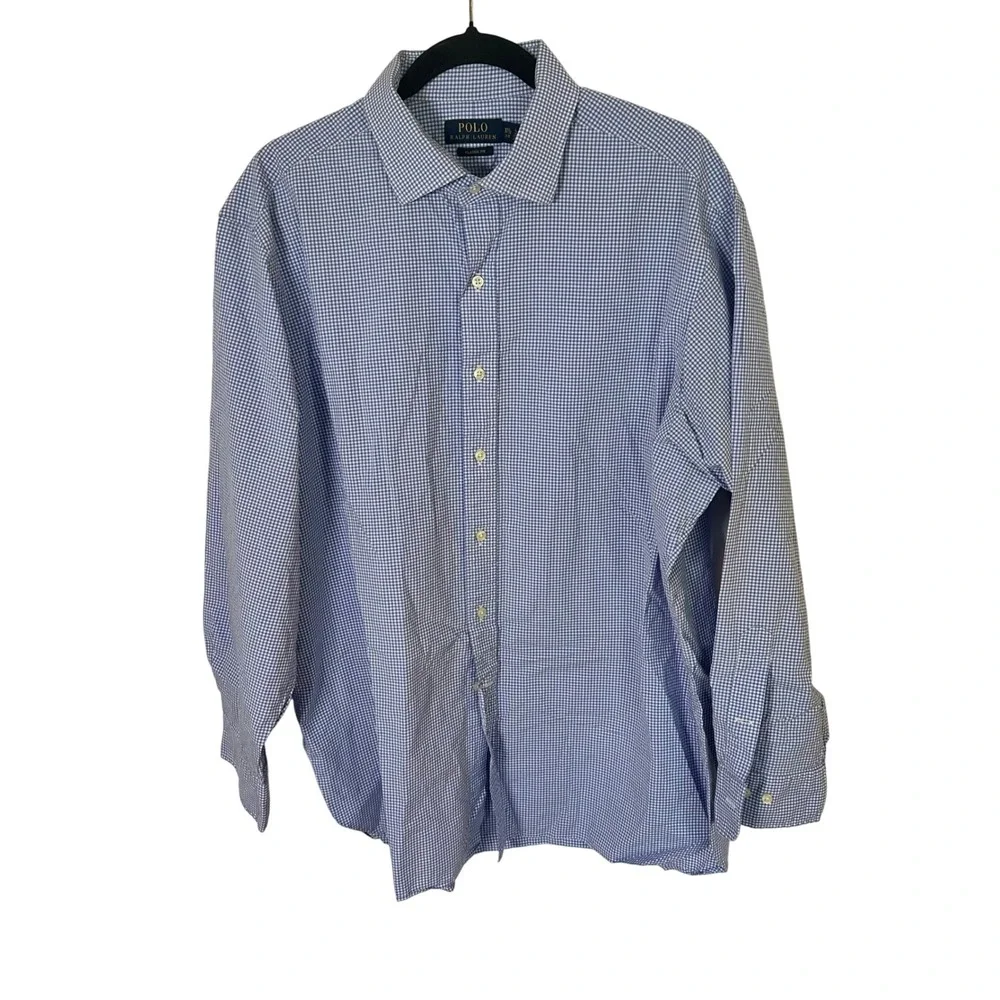 Polo Ralph Lauren Shirt Men 17.5 Blue Gingham Classic Fit Long Sleeve ButtonDown
